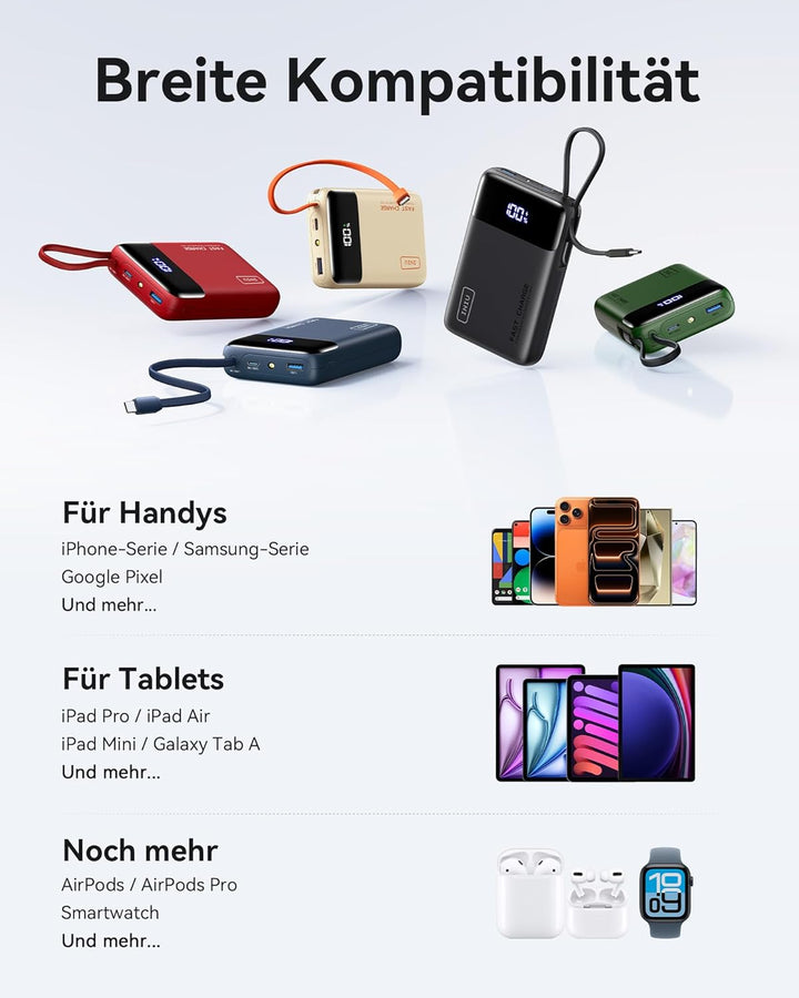 INIU 45W Power Bank, Ultra Klein 20000mAh Powerbank mit Integriertem USB C Kabel, Schnellladen Exter