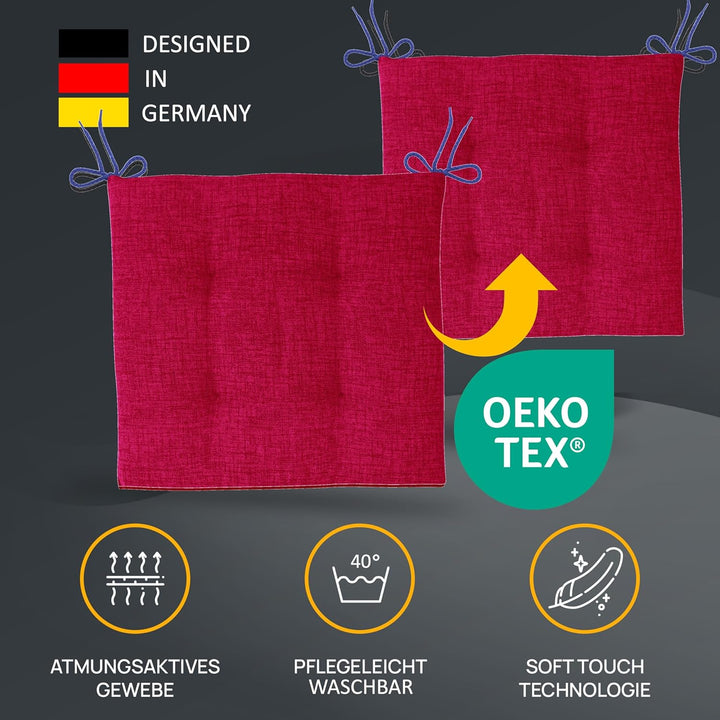 LILENO HOME 2er Set Stuhlkissen Bordeaux (40x40x4,5 cm) - Sitzkissen für Gartenstuhl, Küche oder Ess
