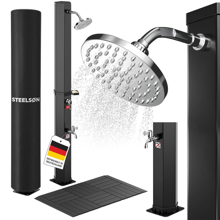 STEELSØN Xypher Solardusche mit Bodenplatte 60L – Gartendusche 60°C – Pooldusche ohne Stromanschluss