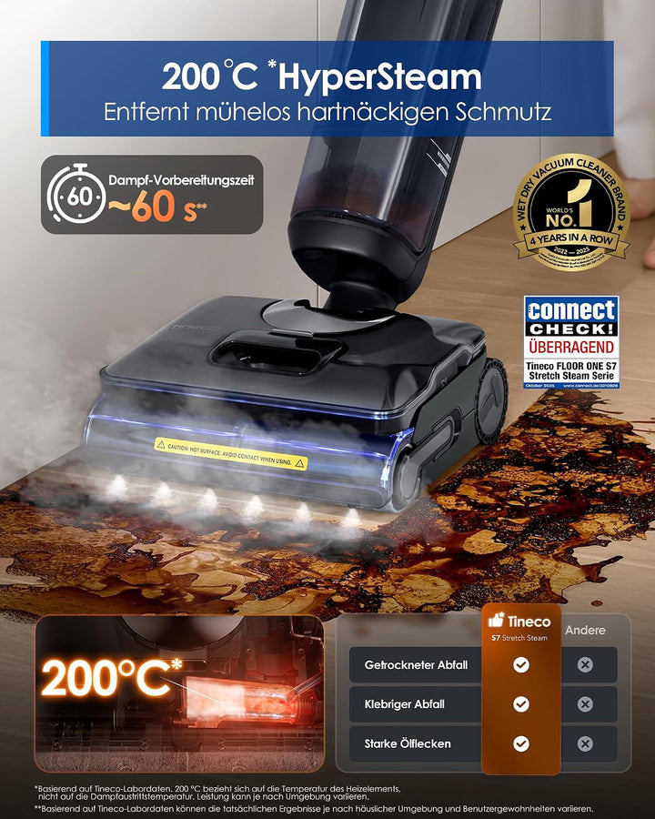 Tineco FLOOR ONE S7 Stretch Steam Nass Trockensauger 160 °C HyperSteam Dampfreiniger, 80 Min Laufzei