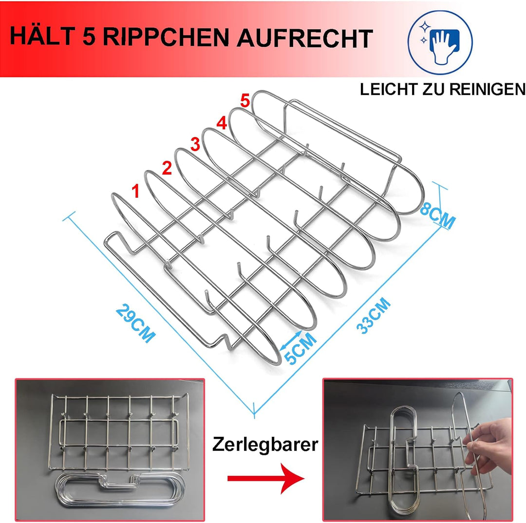 Spareribs Halter Grill – Rippchenhalter aus reinem Edelstahl für 5 Rippchen – Aufsatz zur Zubereitun