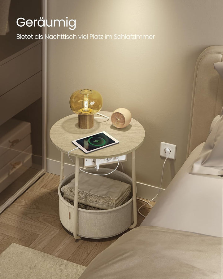 VASAGLE Beistelltisch rund, Kleiner Tisch, Couchtisch mit Steckdose, Wohnzimmertisch, Korb aus Stoff