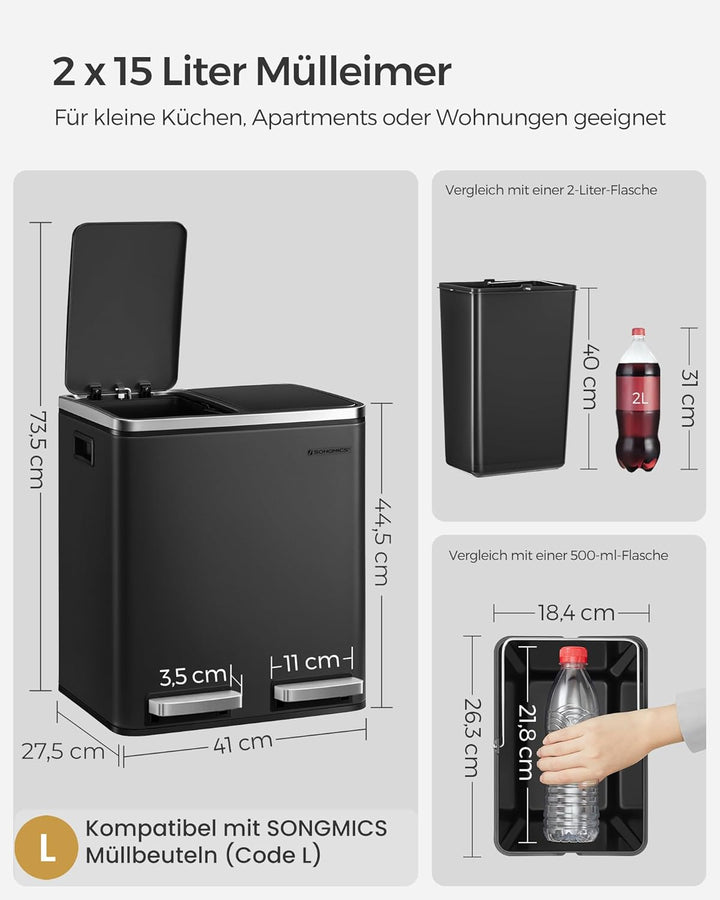 SONGMICS Mülleimer Küche, 2 x 15 L, Mülltrennsystem, Abfalleimer aus Metall, Treteimer mit Inneneime