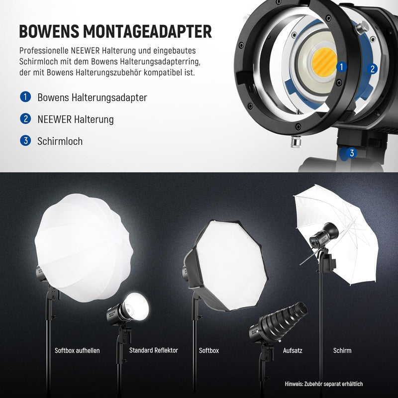 NEEWER MS60B LED Videoleuchte Studiolicht mit 2,4G/APP Steuerung 65W Ganzmetall Mini Kompakt COB Bi-