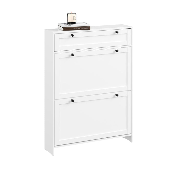 SoBuy Schuhkipper Schmal, Schuhschrank Weiss, Bis zu 8 Paar Schuhe, Mit Schubladen und Klapptüren, F