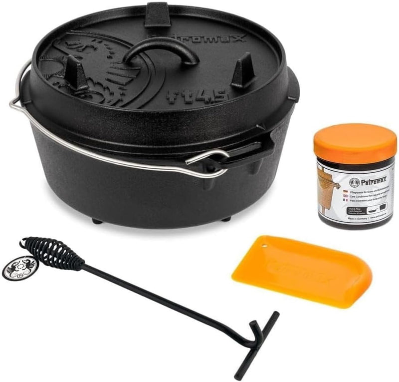 Petromax Feuertopf ft9 Set Einsteiger – bestehend aus Feuertopf ft9, Deckelheber, Schaber, Pflegepas