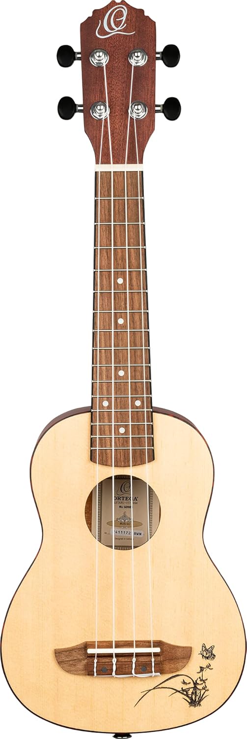 Ortega Guitars Soprano Ukulele - Bonfire Series - Fichtendecke mit lasergaviertem Motiv (RU5-SO)