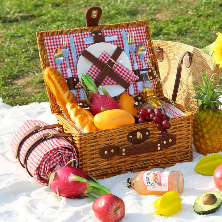 Picknickkorb Set für 2 Person mit Kühlfach und wasserdichte Picknickdecke, Abnehmbarer Riemen, Weinb