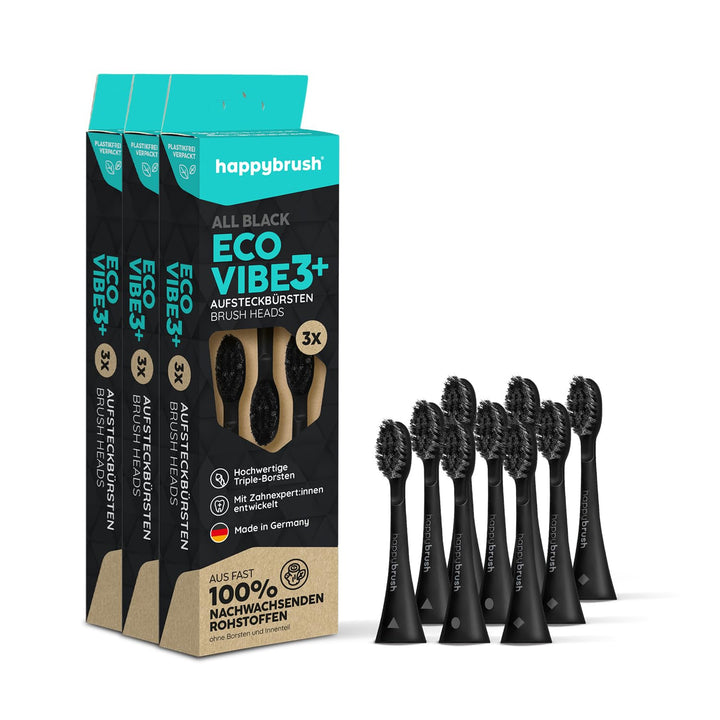 happybrush® Nachhaltige Aufsteckbürsten für elektrische Schall-Zahnbürste Eco VIBE 3 - Allblack - 3x