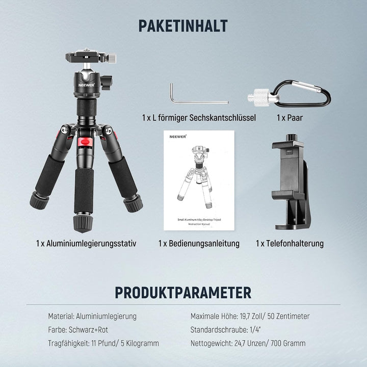 NEEWER Mini Tischstativ mit Smartphone Halter kompatibel mit iPhone &amp; DSLR Kameras für Videoaufnahme