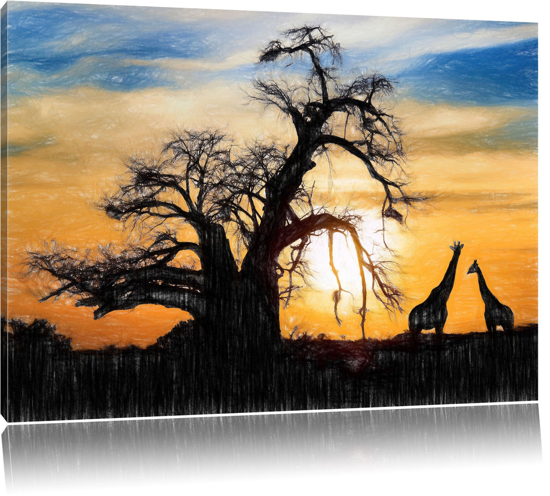 Pixxprint Zwei Giraffen in der Wüste als Leinwandbild/Grösse: 100x70 cm/Wandbild/Kunstdruck/fertig b