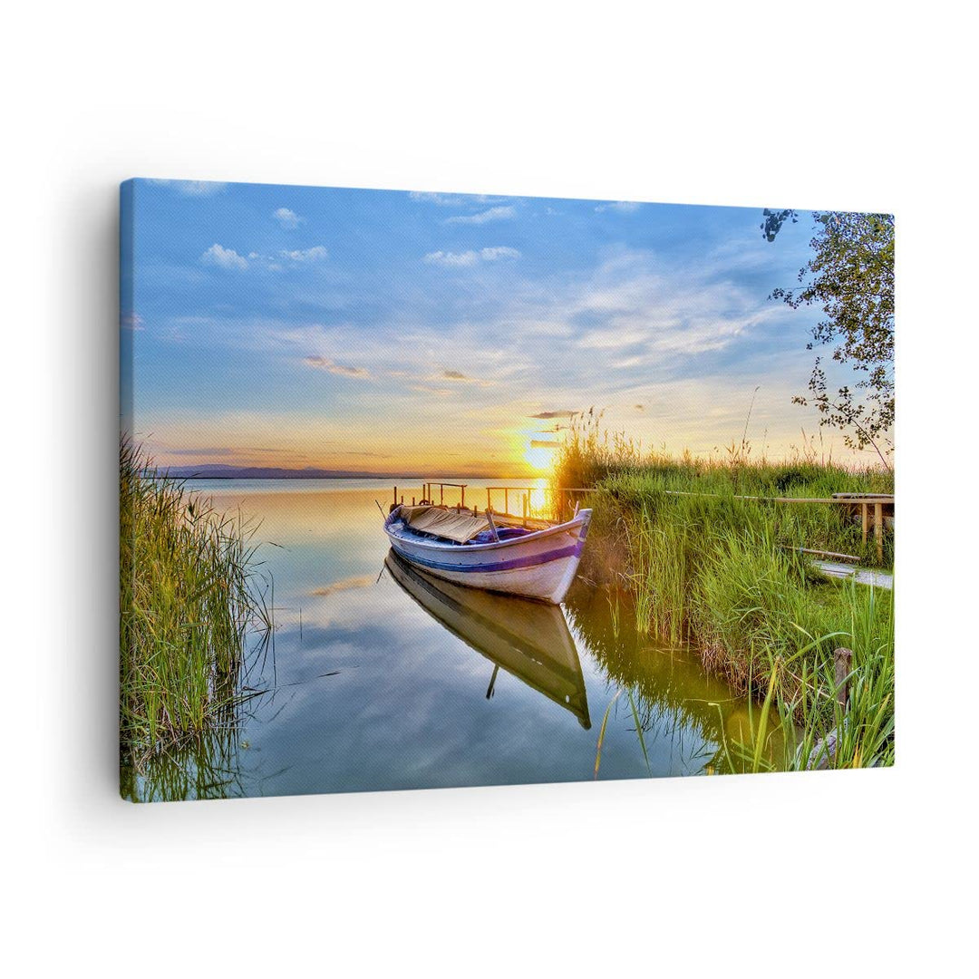 Bilder auf Leinwand See Boot Wasser Leinwandbild mit Rahmen 70x50cm Wandbilder Dekoration Wohnzimmer