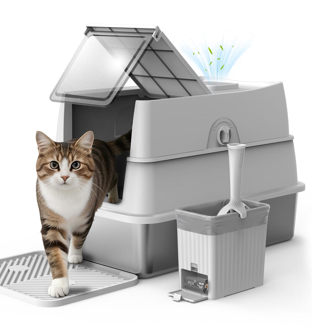 FURTIME Katzenklo Edelstahl, Katzentoilette Edelstahl mit Deckel Grosse XL, Geschlossene Metall Katz