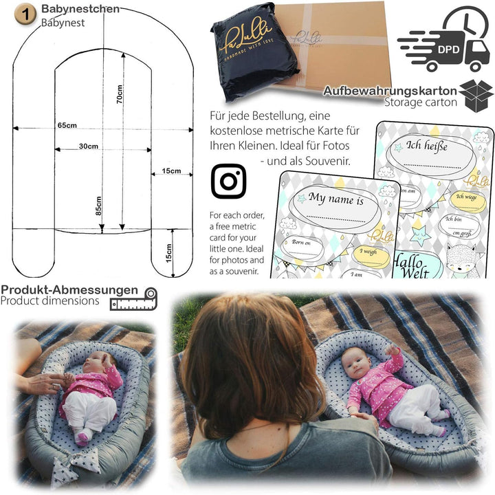 PaLulli Babynest Babynestchen 50x90 cm Babykokon, 2seitig, 100% Baumwolle, Nestchen für Babybett, Ku