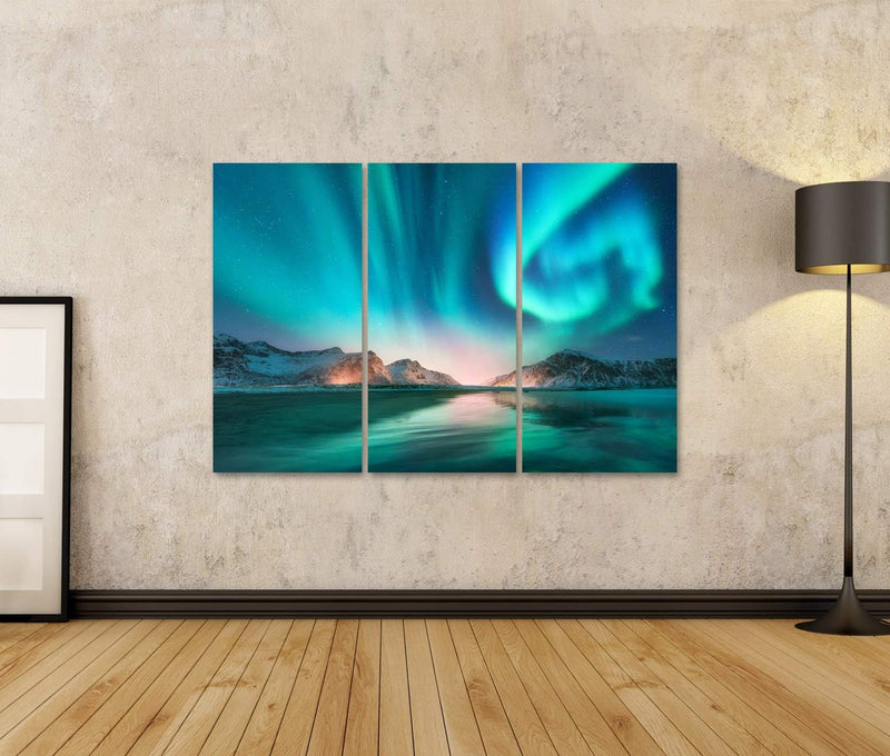 islandburner Bild Bilder auf Leinwand Aurora Borealis in den Lofoten Inseln, Norwegen. Aurora.Grüne