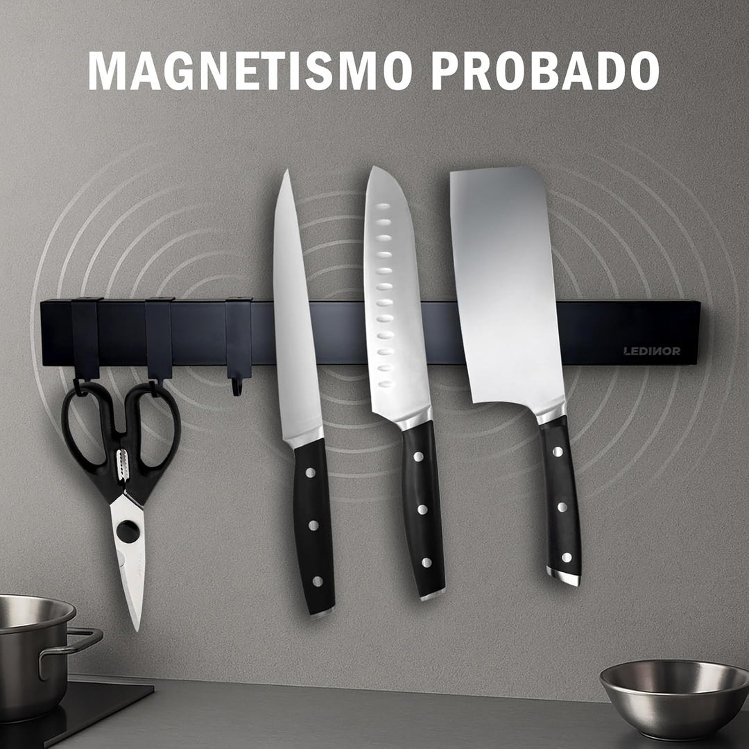 Magnetleiste für Küchenmesser 40 cm schwarz + 3 Haken + Schrauben und Dübel mit Bohrschablone + Kleb