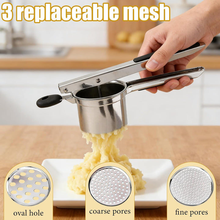 Kartoffelpresse, Spätzlepresse, Kartoffelpresse Edelstahl, mit 3 Austauschbaren Lochscheiben, Sehr L