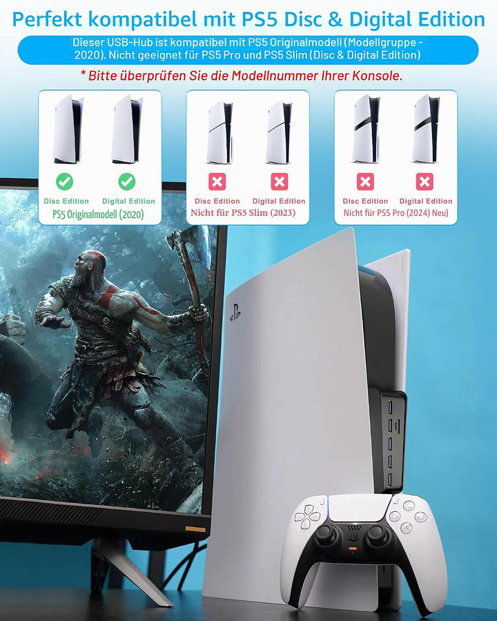 5-Port USB Hub für PS5 Konsole, Arvin USB 3.1 Schnelle Geschwindigkeit Laden Ladeadapter mit 4 USB-2