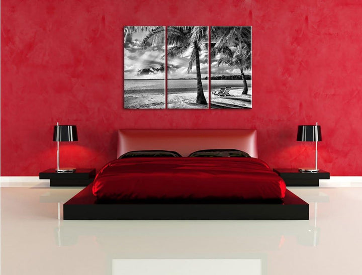 Pixxprint Liegestühle Strand als Leinwandbild/Grösse: 3 Teilig (120x80) cm/Wandbild/Kunstdruck/ferti