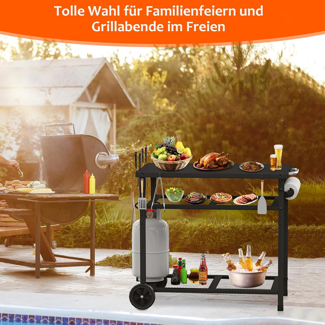 multifunktionaler Grillwagen, 3-Etagen Grill-Esswagen, Küchenwagen mit Papierhandtuchhalter und Hake
