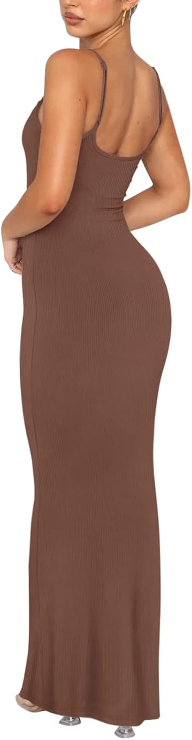 REORIA Damen Sexy Lounge Slip Langes Kleid Elegantes Hochzeitsgast ärmelloses rückenfreies Geripptes