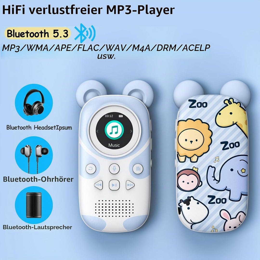 RUIZU 64GB MP3 Player Kinder Bluetooth 5.3 mit kopfhörer Lautsprecher Unterstützt UKW-Radio, Wecker,