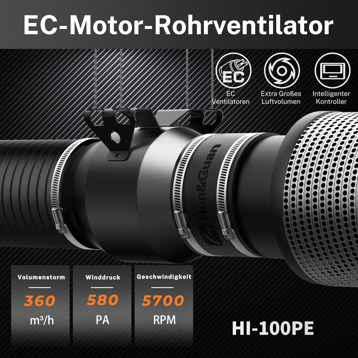 Hon&Guan Abluftset 100mm, Rohrventilator 100mm mit Temperatur- und Feuchtigkeitsregler, Aktivkohlefi