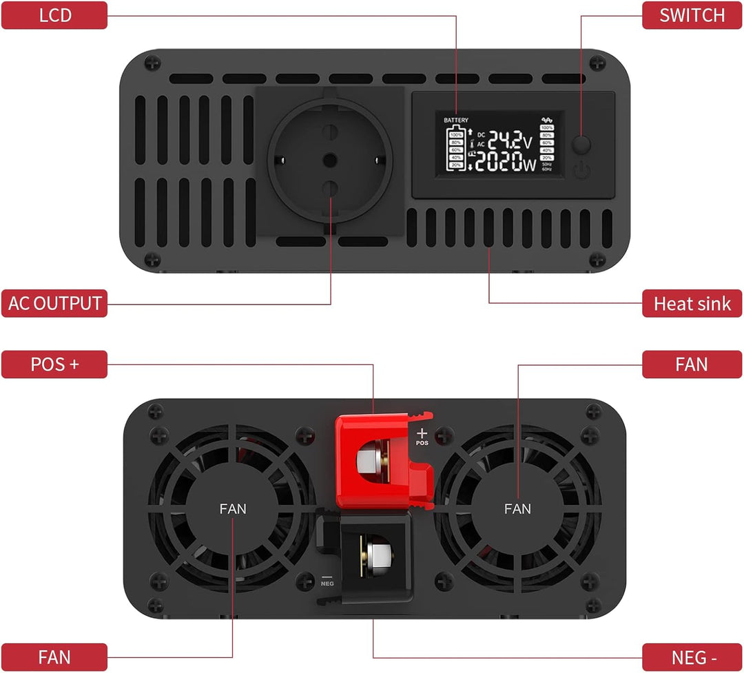 DATOUBOSS Wechselrichter 24V auf 230V Reiner Sinus mit 1 EU Steckdose & USB-Port-inkl& LCD Anzeige S