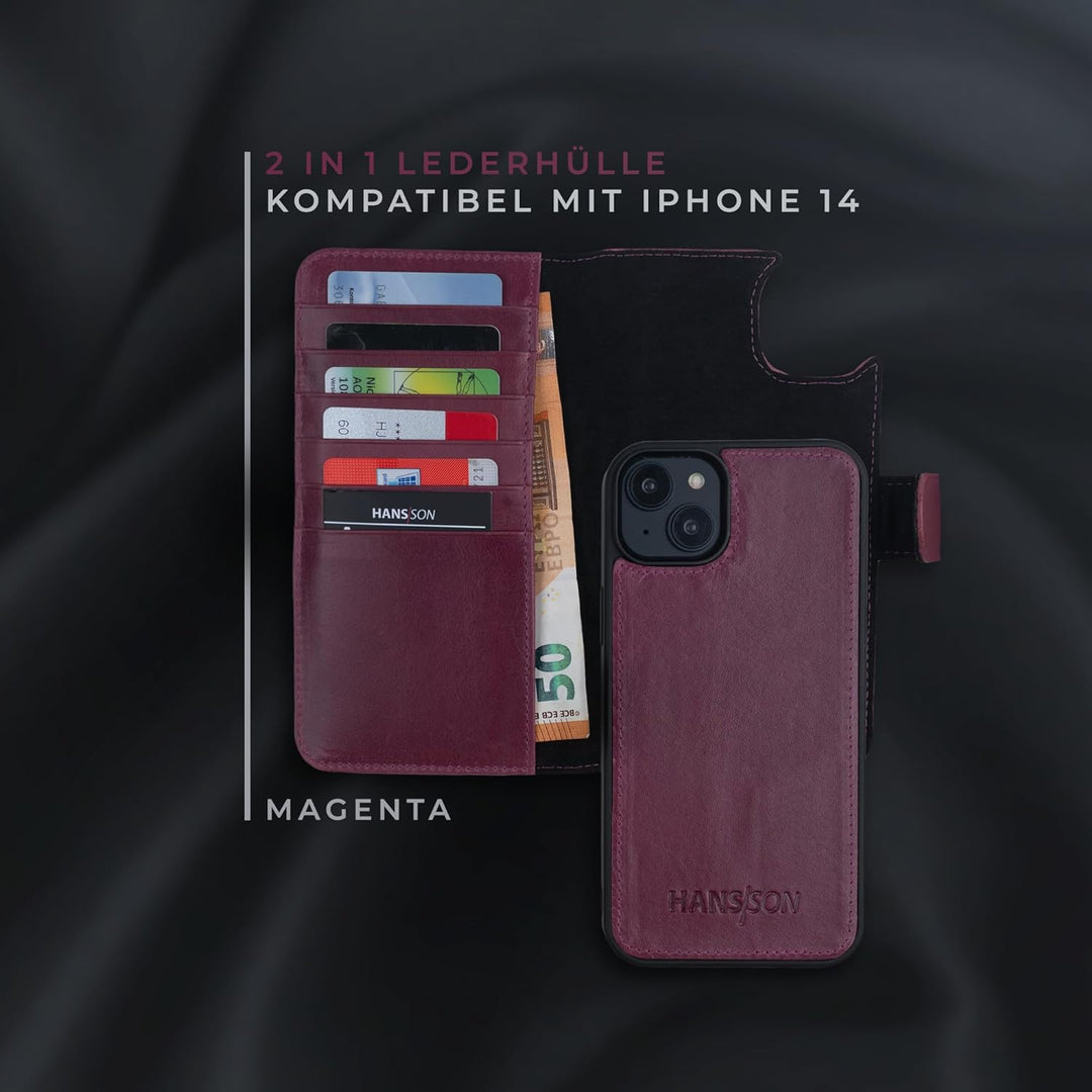 HANS/SON Lederhülle mit Kartenfächern | iPhone 14 | Echtleder | 6,1 Zoll | Schmal | Klapphülle | Sto