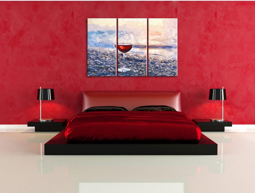 Pixxprint Weinglas am Steinstrand Pinsel Effekt 3-Teiler Leinwandbild 120x80 Bild auf Leinwand