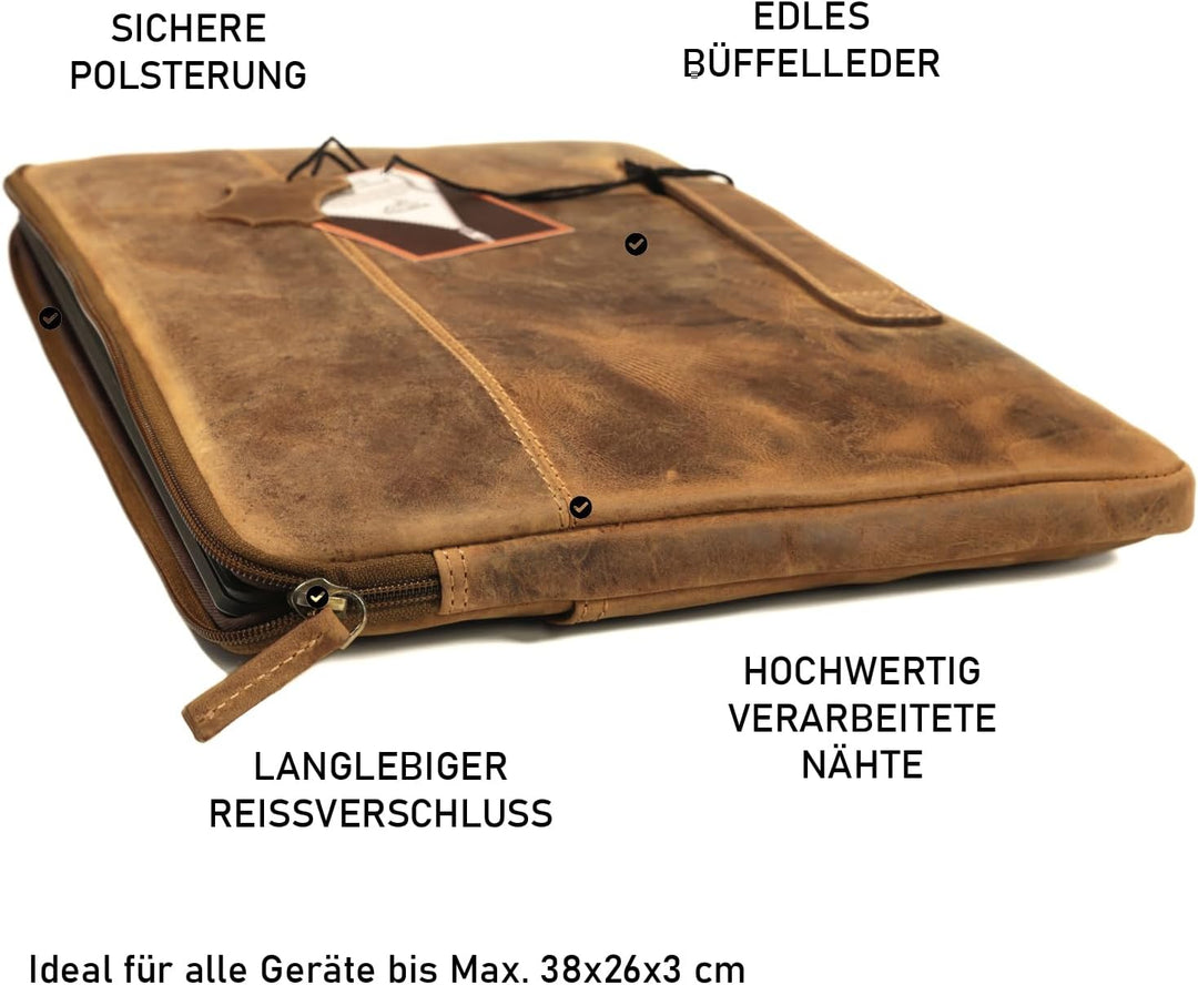 Fa.Volmer ® 15,6 Zoll Laptop Hülle aus edlem Büffelleder - braun - mit Metall-Reissverschluss - gepo