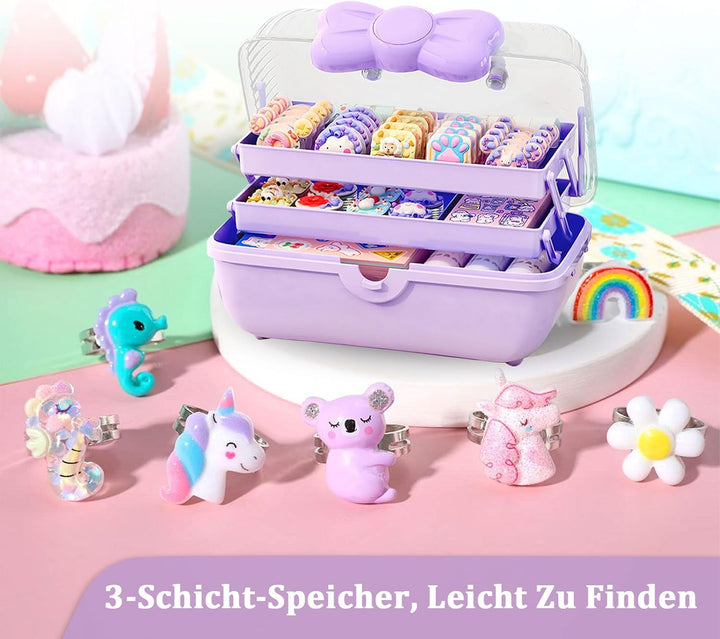 3 Etagen Schmuckbox Kinder, Haarschmuck Aufbewahrung Lila mit transparentem Deckel, 180 Grad Öffnung
