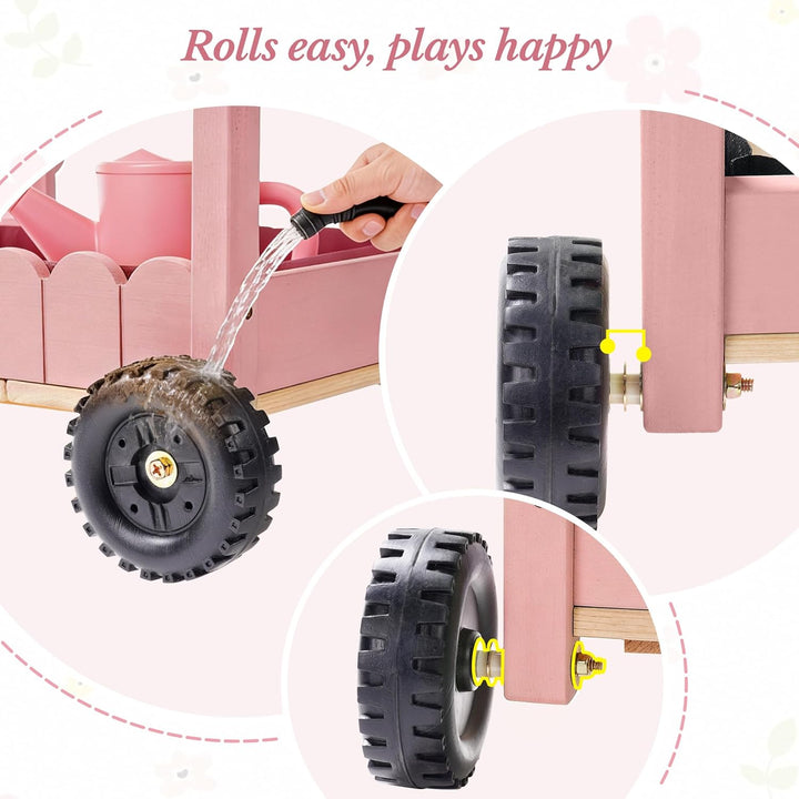 ROBOTIME Holz Gartenwagen für Kinder, Outdoor Garten-Trolley mit 4 Pflanzbechern & 4 Hydroponik-Reag