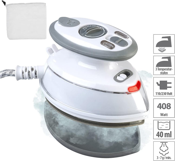 Sichler Haushaltsgeräte Bügeleisen: Reise-Dampfbügeleisen, 408 W, 110/230 Volt, 40 ml Wassertank, 3