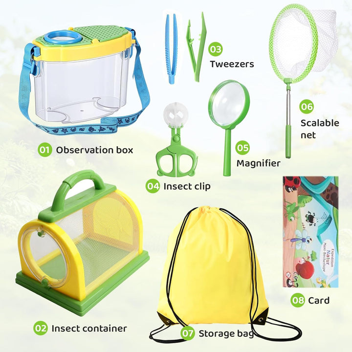 Kids Outdoor Explorer Kit Forscher Set Kinder, enthält Schmetterlingsnetz, Insektenbehälter, Lupe, I