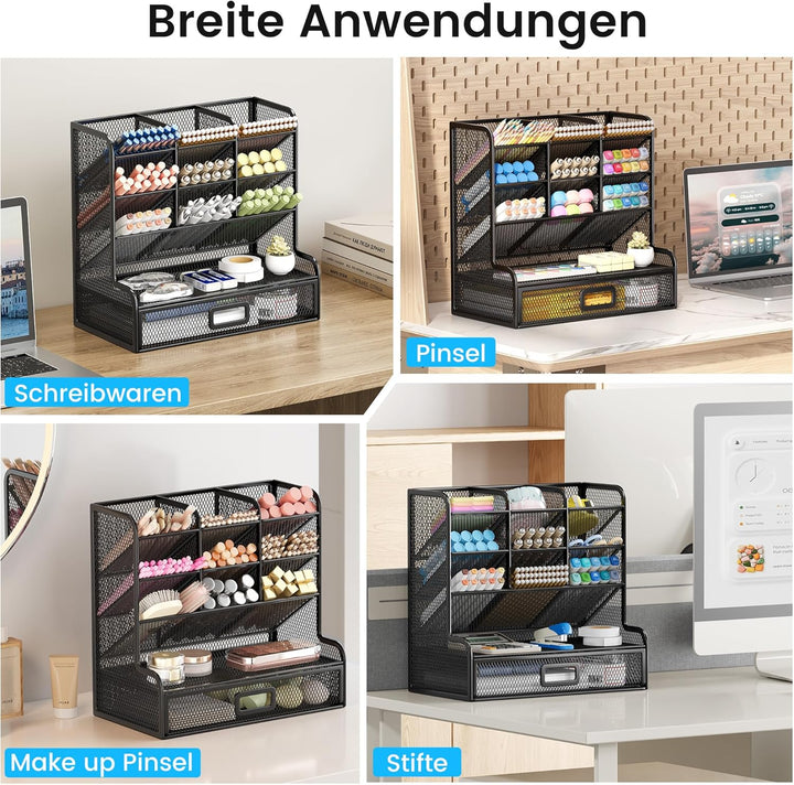 VITVITI Schreibtisch Organizer, 9 Fächer Stiftehalter mit Schublade, Netz Stifte Regal aus Metall, S