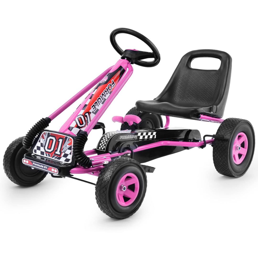 GOPLUS Gokart ab 3-8 Jahre, Kinderfahrzeug mit Verstellbarem Sitz, Tretauto aus Gummireifen, Flexibl