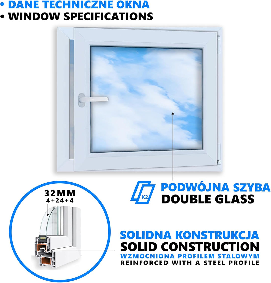 LORAC | Kunststofffenster weiss 800x700mm, 80x70cm, PCV, DIN Rechts, kippbar & ausstellbar, 2-fach V