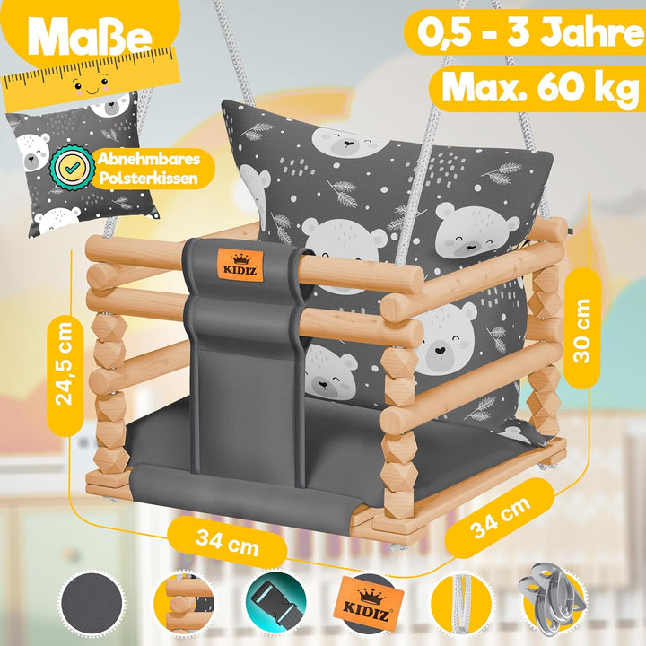 KIDIZ® Babyschaukel Kinderschaukel für Babys ab 6 Monaten und Kleinkinder bis 3+ Jahre | Holzschauke