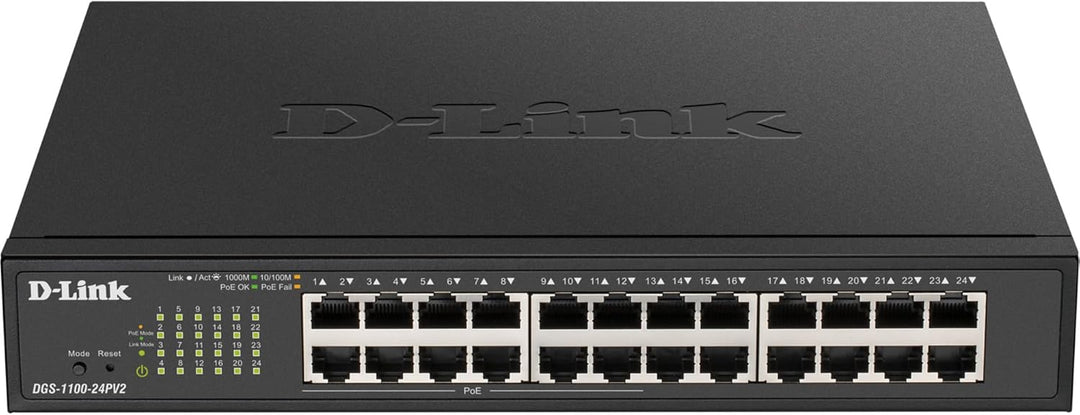 D-Link DGS-1100-24PV2/E 24-Port Gigabit PoE Smart Switch (24 x 10/100/1000 Mbit/s, Davon 12 PoE-Port