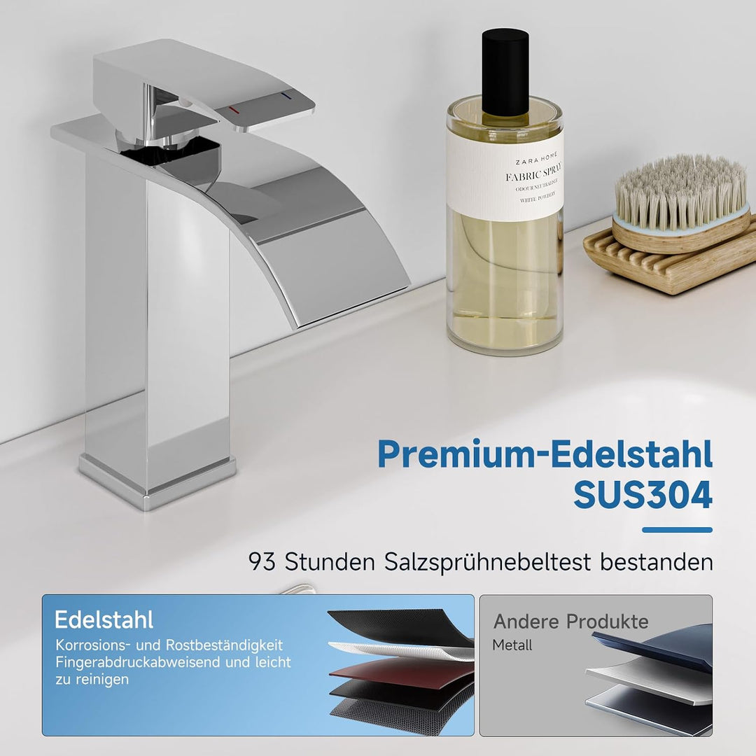 Wasserhahn Bad Chrom, Wasserfall Wasserhahn Einhebelmischer Waschbecken, Einloch-Waschtischarmatur E