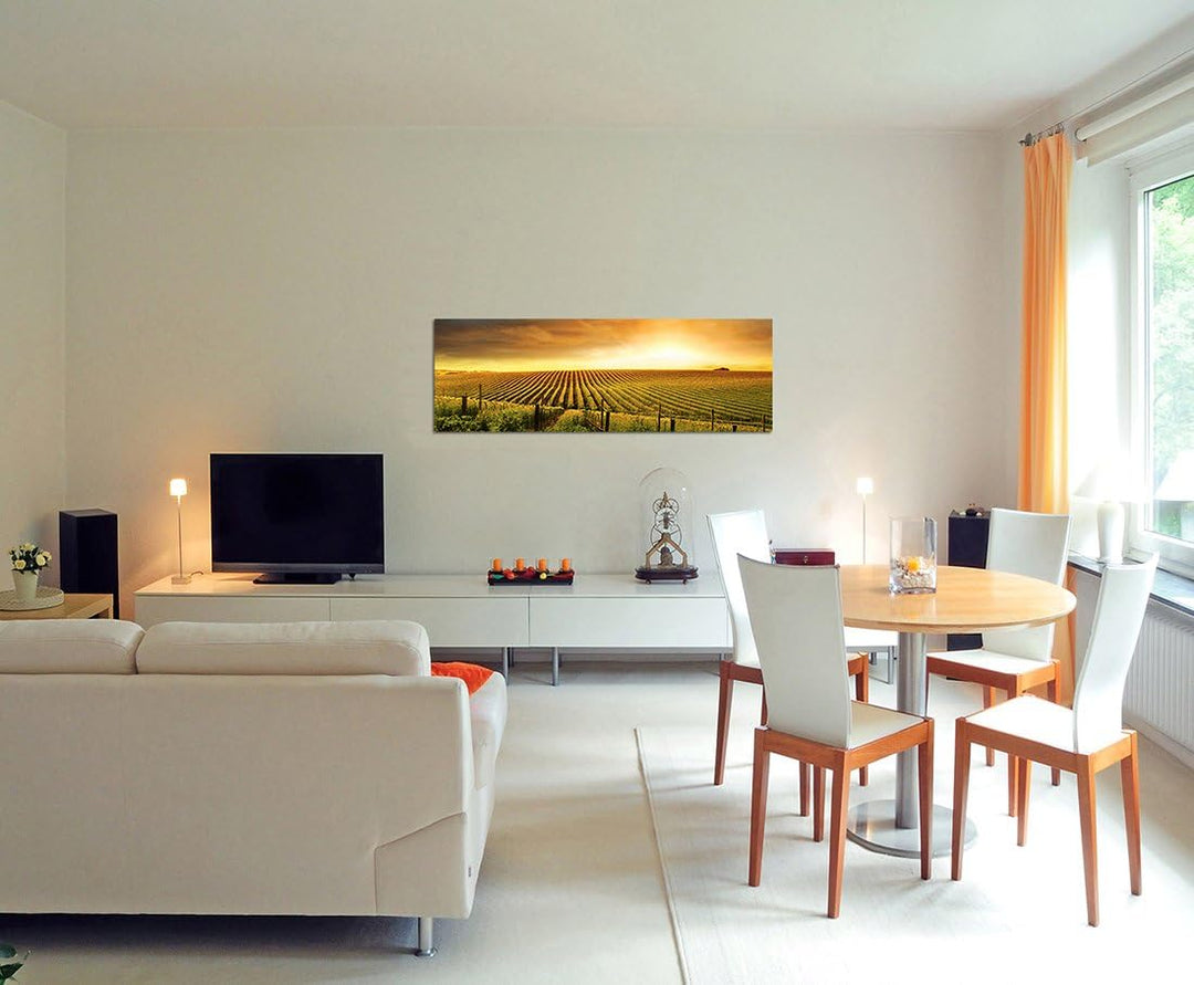 Paul Sinus Art Panoramabild auf Leinwand und Keilrahmen 120x40cm Landschaft Weinberge Sonnenuntergan