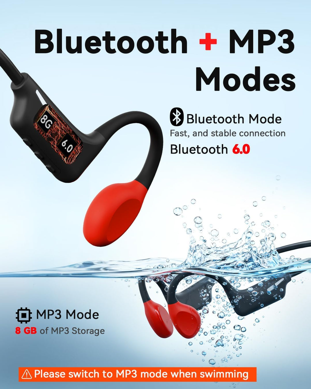 MONODEAL Knochenschall Kopfhörer Schwimmen Bluetooth 6.0 IP68 Unterwasser 32G MP3 Open-Ear Bone Cond