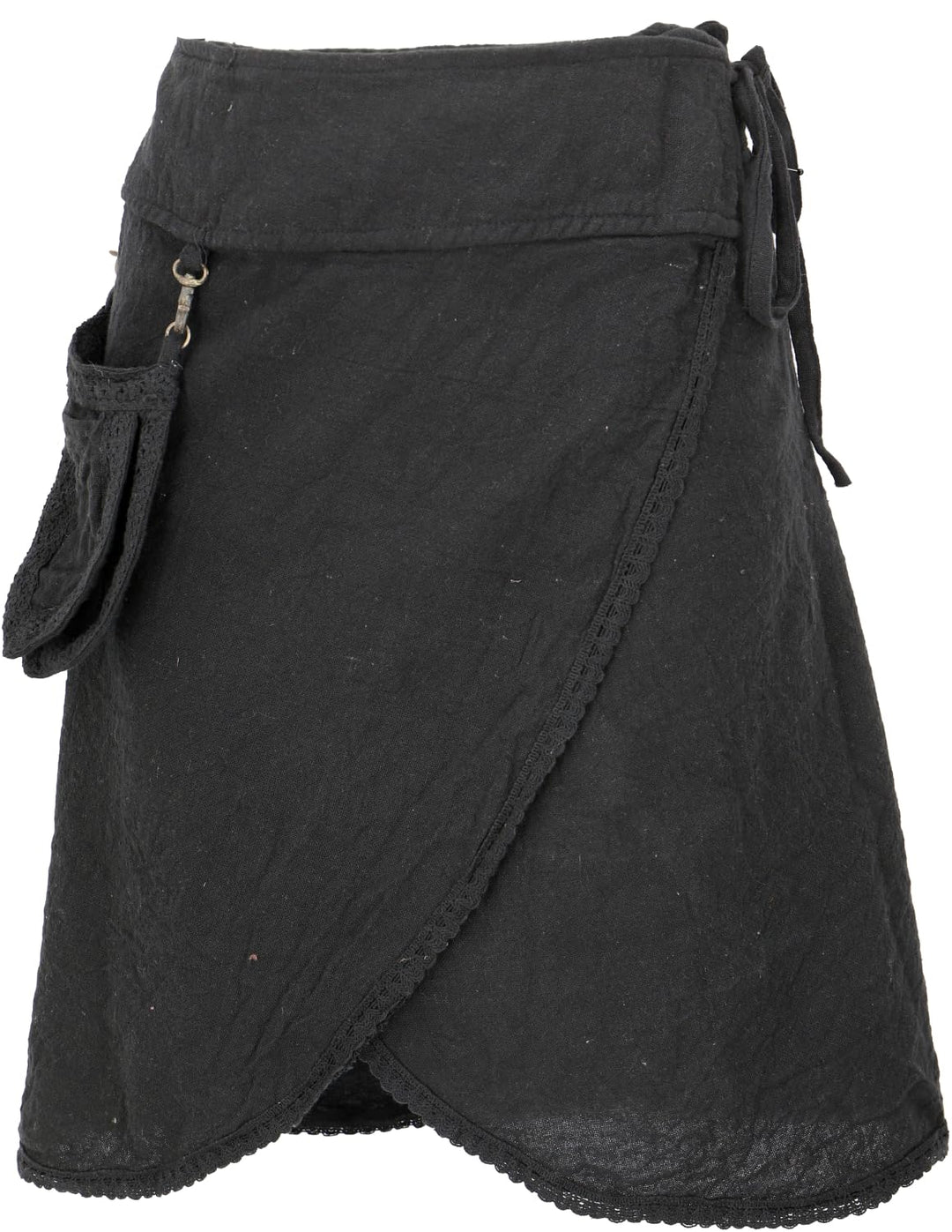 GURU SHOP Pixi Festival Boho Minirock, Natürlicher Ethno Wickelrock mit Tasche, Spitze, Damen Schwar