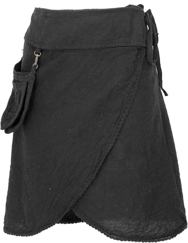 GURU SHOP Pixi Festival Boho Minirock, Natürlicher Ethno Wickelrock mit Tasche, Spitze, Damen Schwar