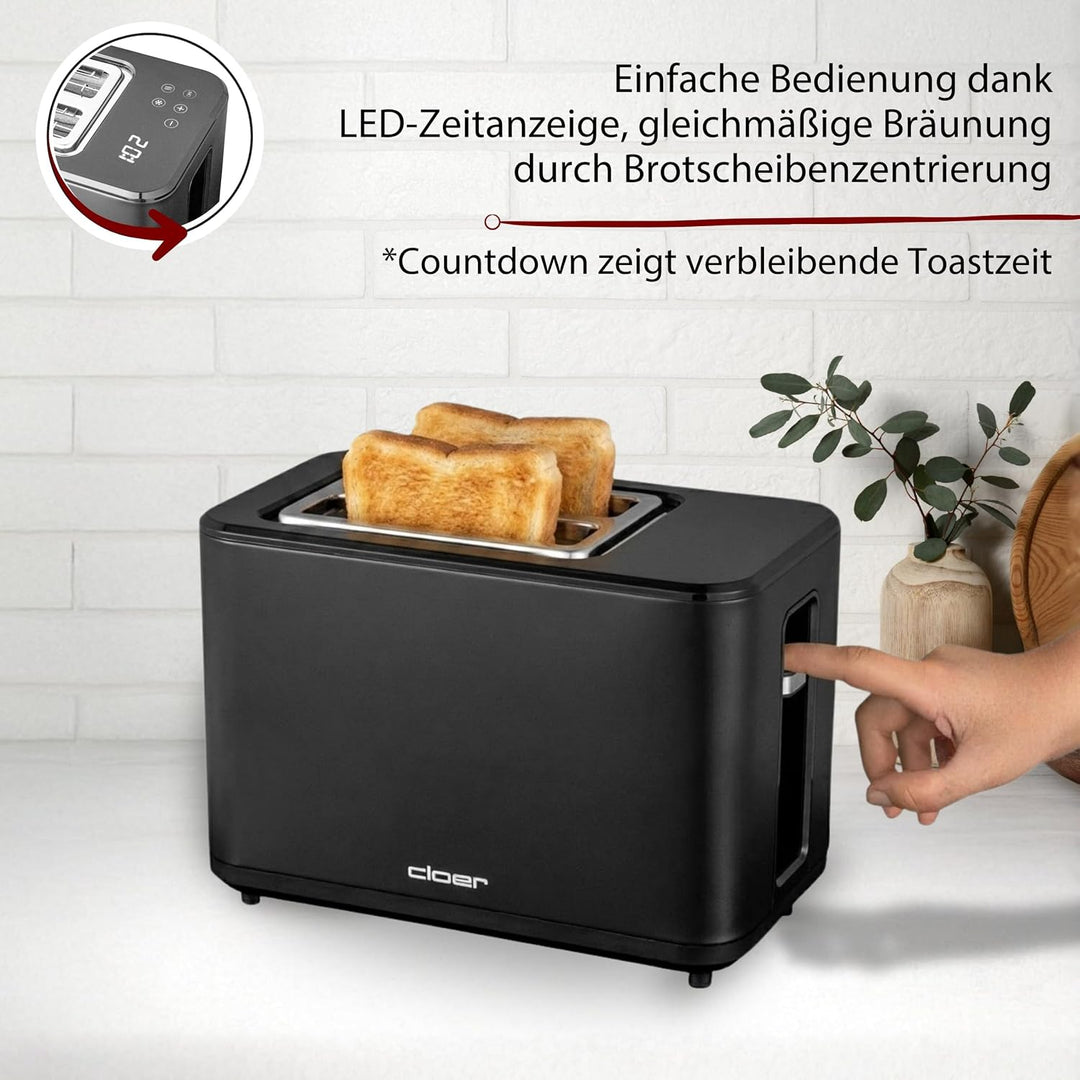 Cloer 3930 Digitaler Toaster für 2 Scheiben, Touch-Funktion, 750-900 W, Restzeitanzeige, Auftaufunkt