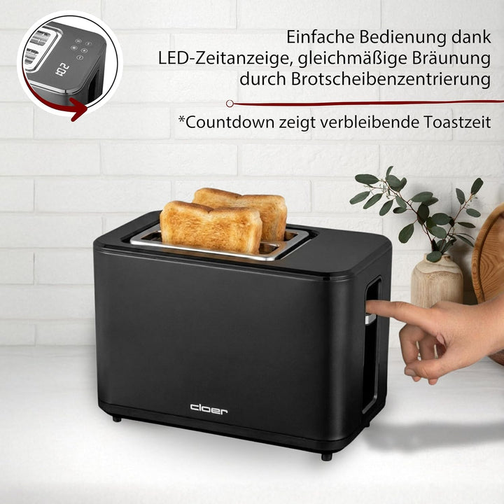 Cloer 3930 Digitaler Toaster für 2 Scheiben, Touch-Funktion, 750-900 W, Restzeitanzeige, Auftaufunkt