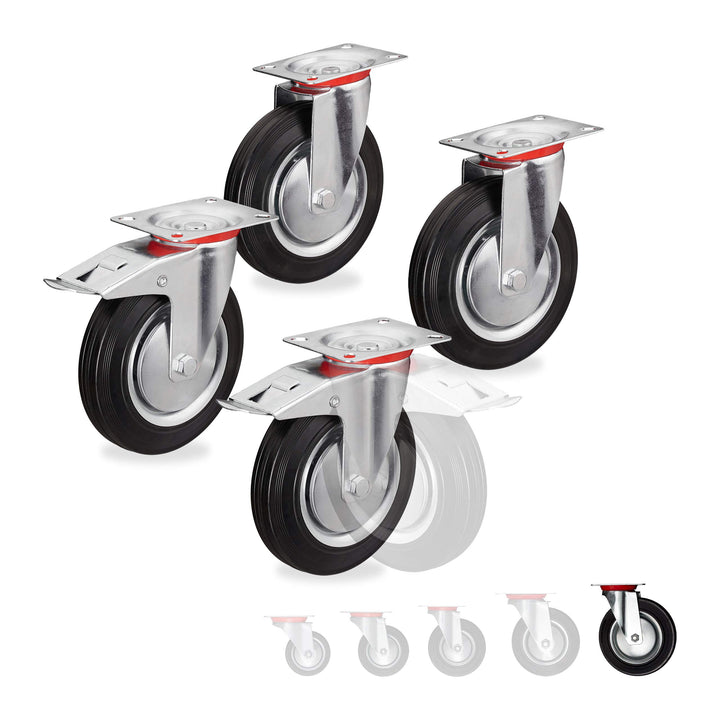 Relaxdays Schwerlastrollen 4er Set, drehbar, Kugellager, 2 Rollen mit Bremse, Tragkraft bis 800kg, R
