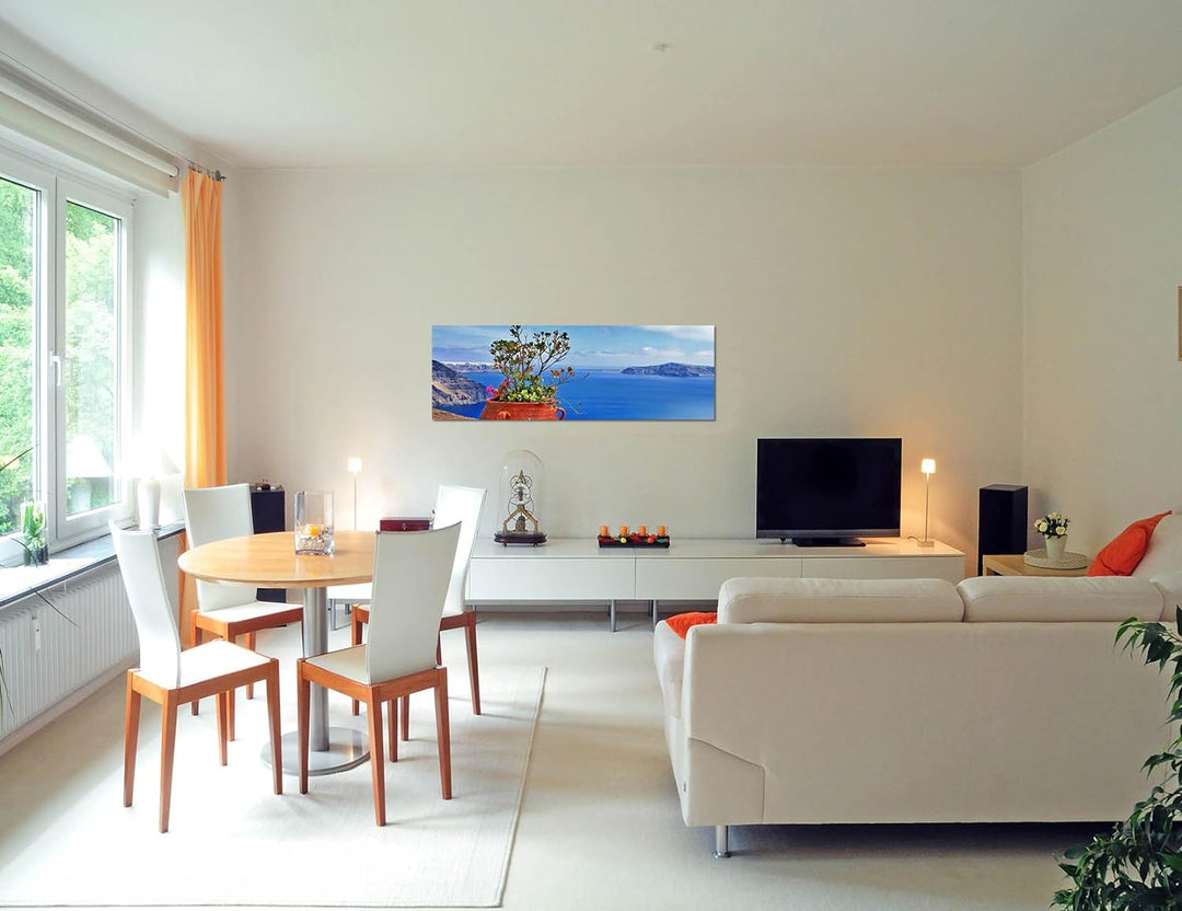 Paul Sinus Art Panoramabild auf Leinwand und Keilrahmen 150x50cm Santorini Blumentopf Blumen Meerbli