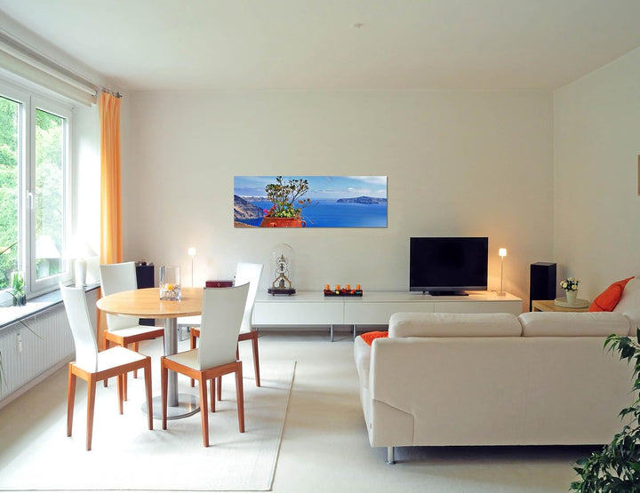 Paul Sinus Art Panoramabild auf Leinwand und Keilrahmen 150x50cm Santorini Blumentopf Blumen Meerbli